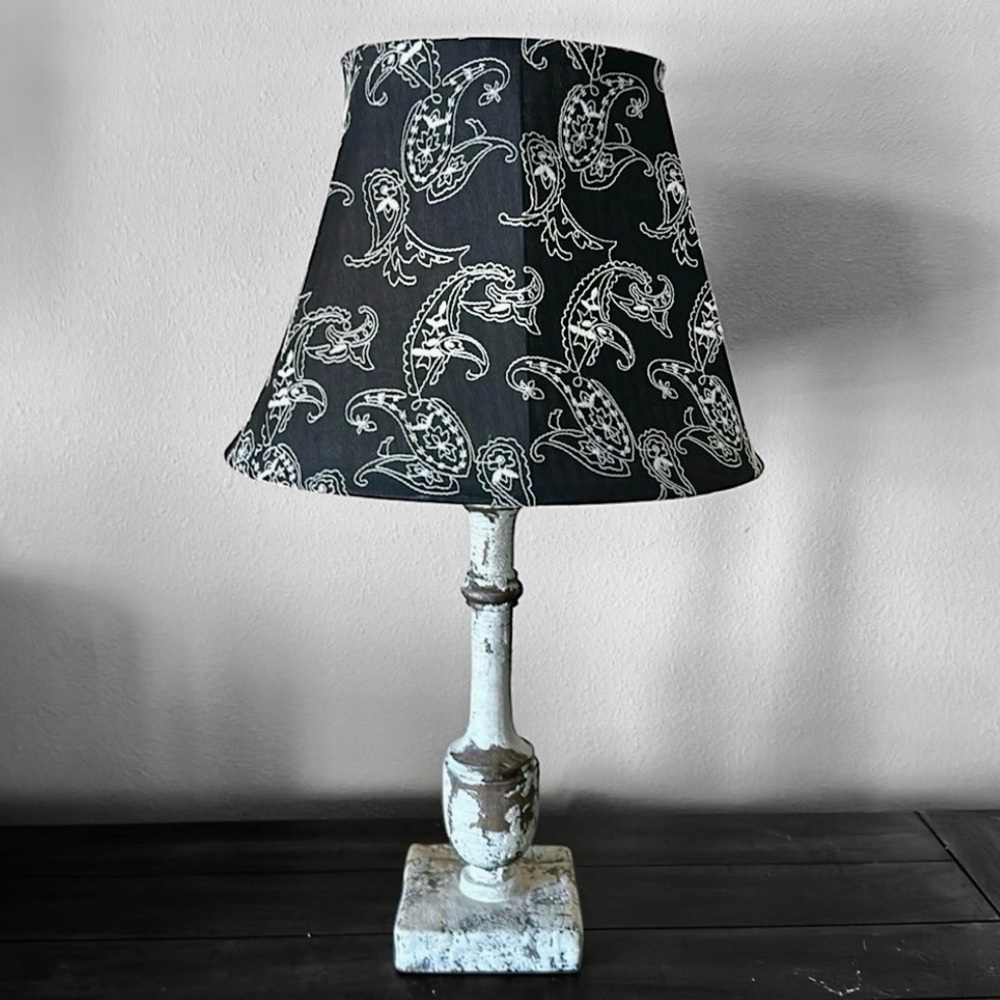 A’Homestead Shoppe Distressed White Table Lamp Black Paisley Cottage Farmhouse